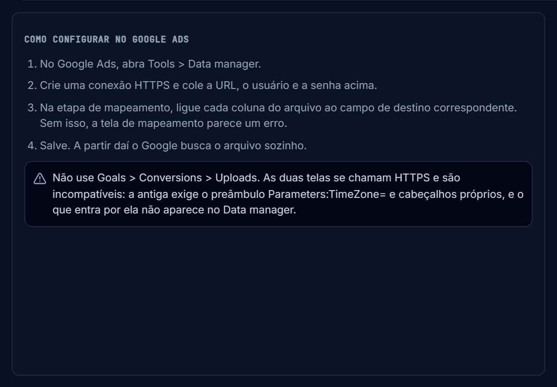 Caixa Como configurar no Google Ads, com os quatro passos e o aviso para não usar Goals > Conversions > Uploads