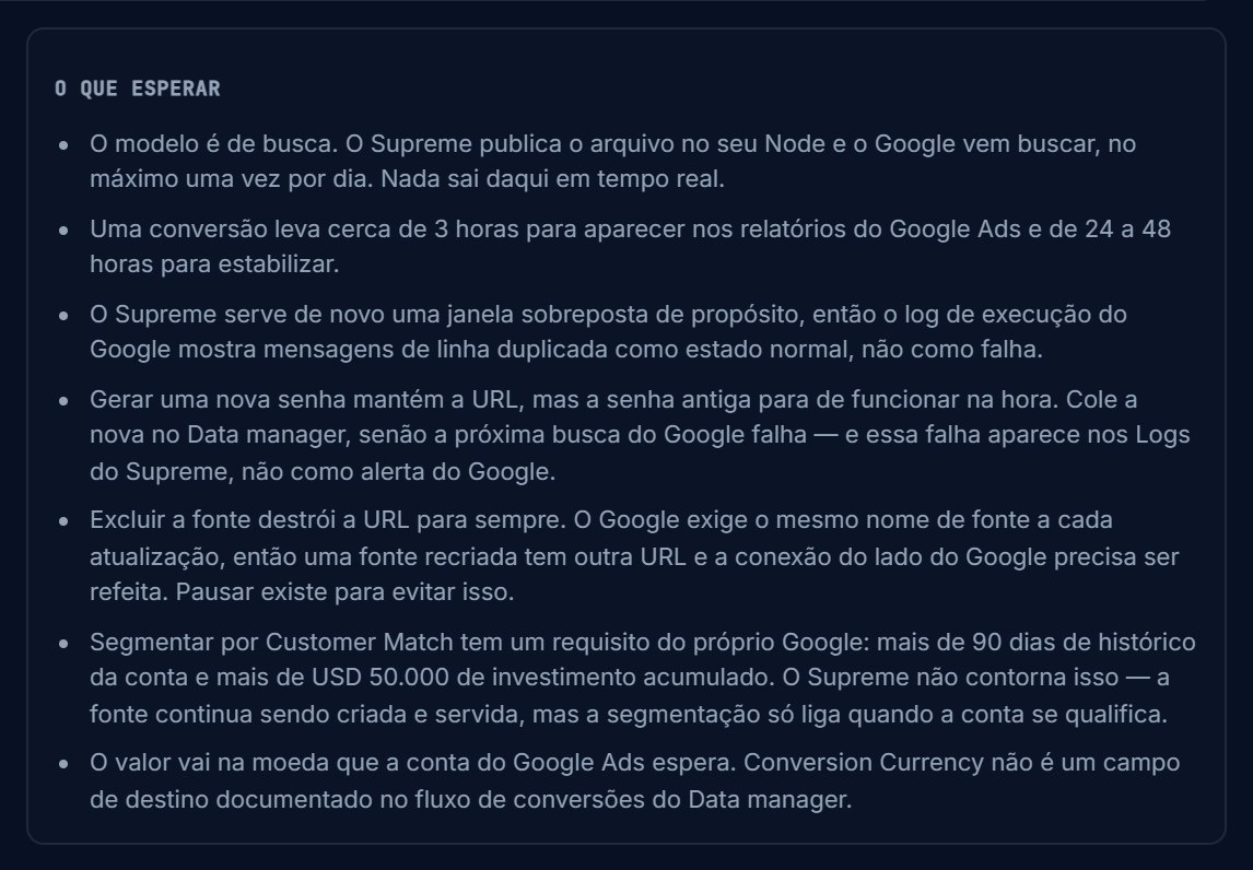 Caixa O que esperar, listando o modelo de busca, a latência de 3 a 48 horas, as linhas duplicadas como estado normal, a rotação de senha, a exclusão e o Customer Match