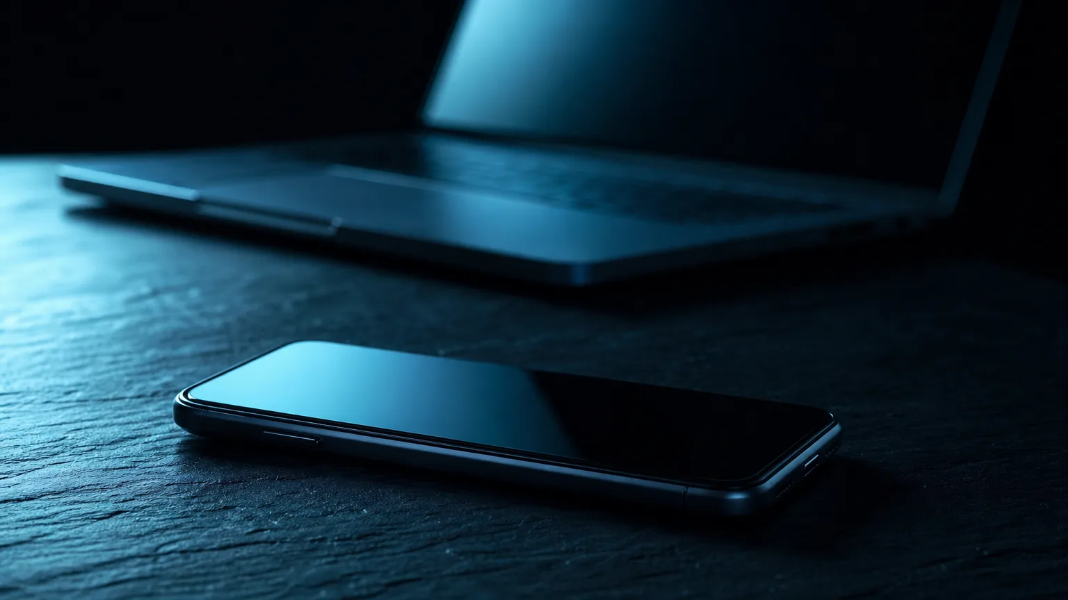 Um smartphone sobre uma superfície de ardósia escura e, atrás dele, um notebook aberto; as duas telas refletem a mesma luz ciano fria